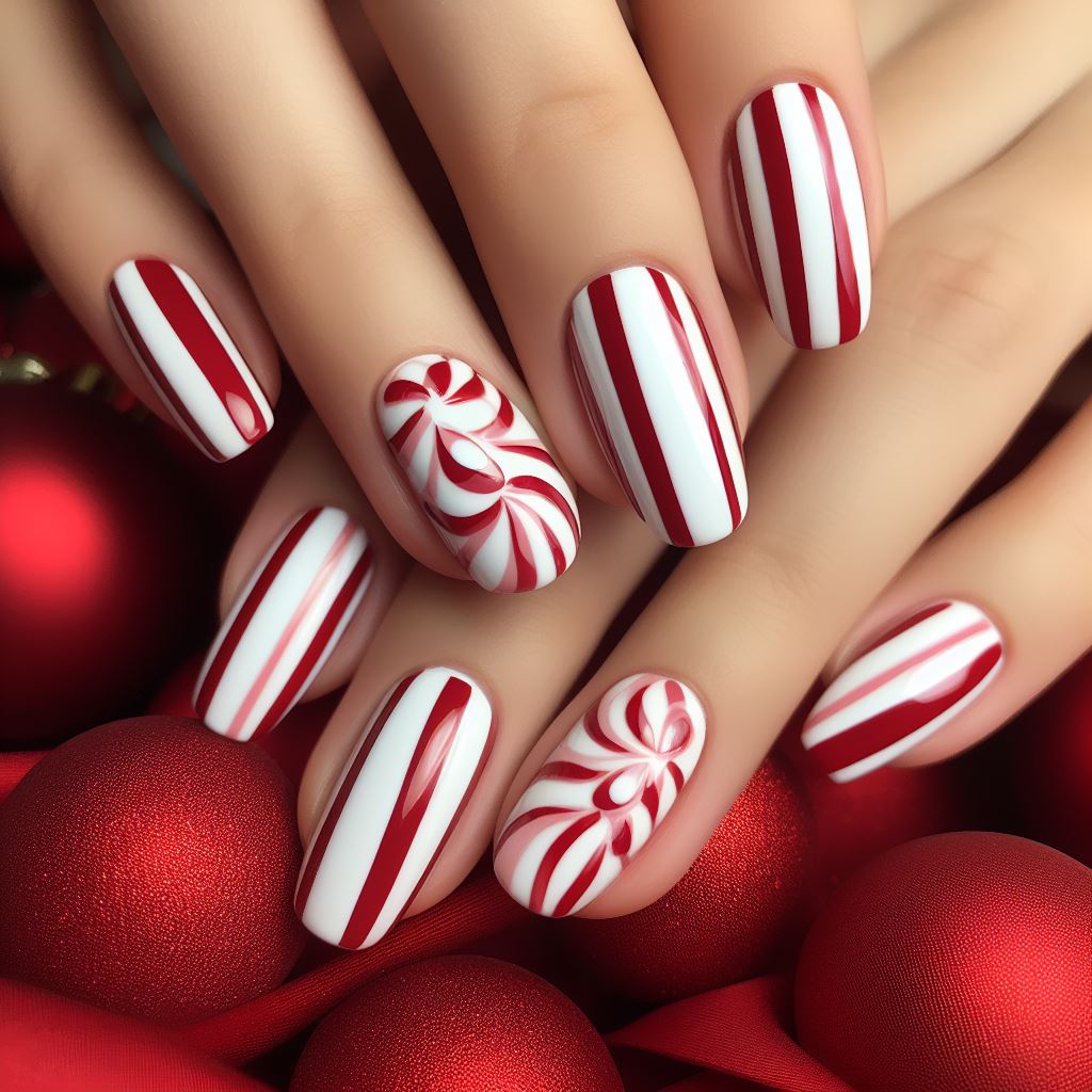 alternating red and white stripes, just like a candy cane nail design