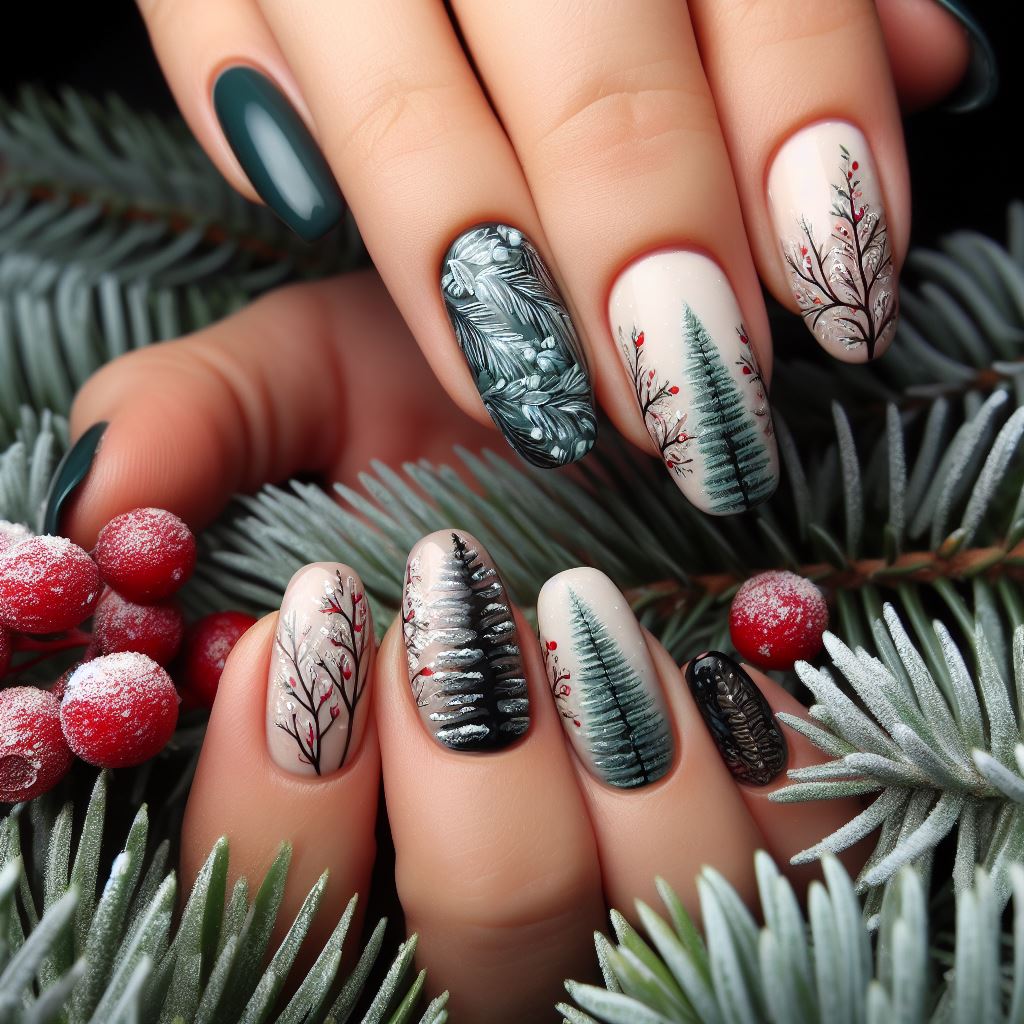 evergreen trees and winter foliage nail design