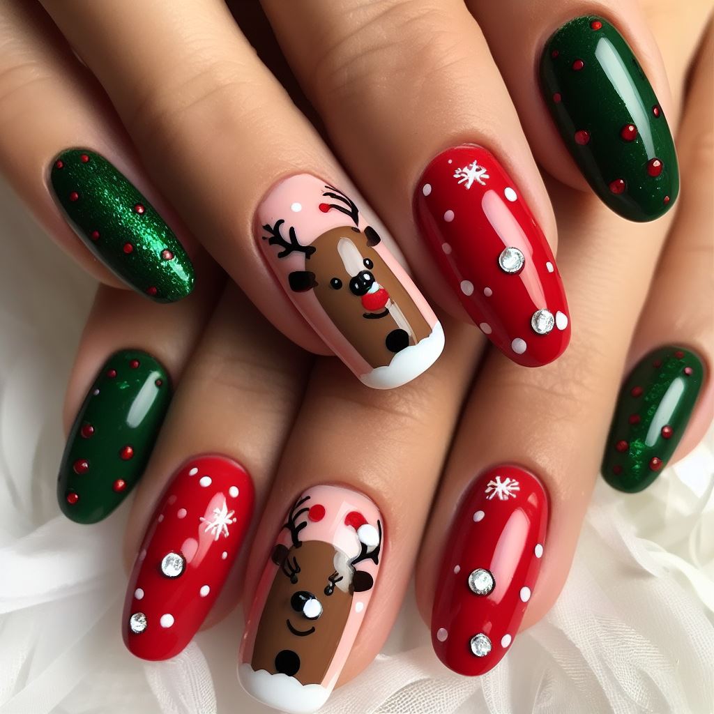 Reindeer christmas nail designs red and green