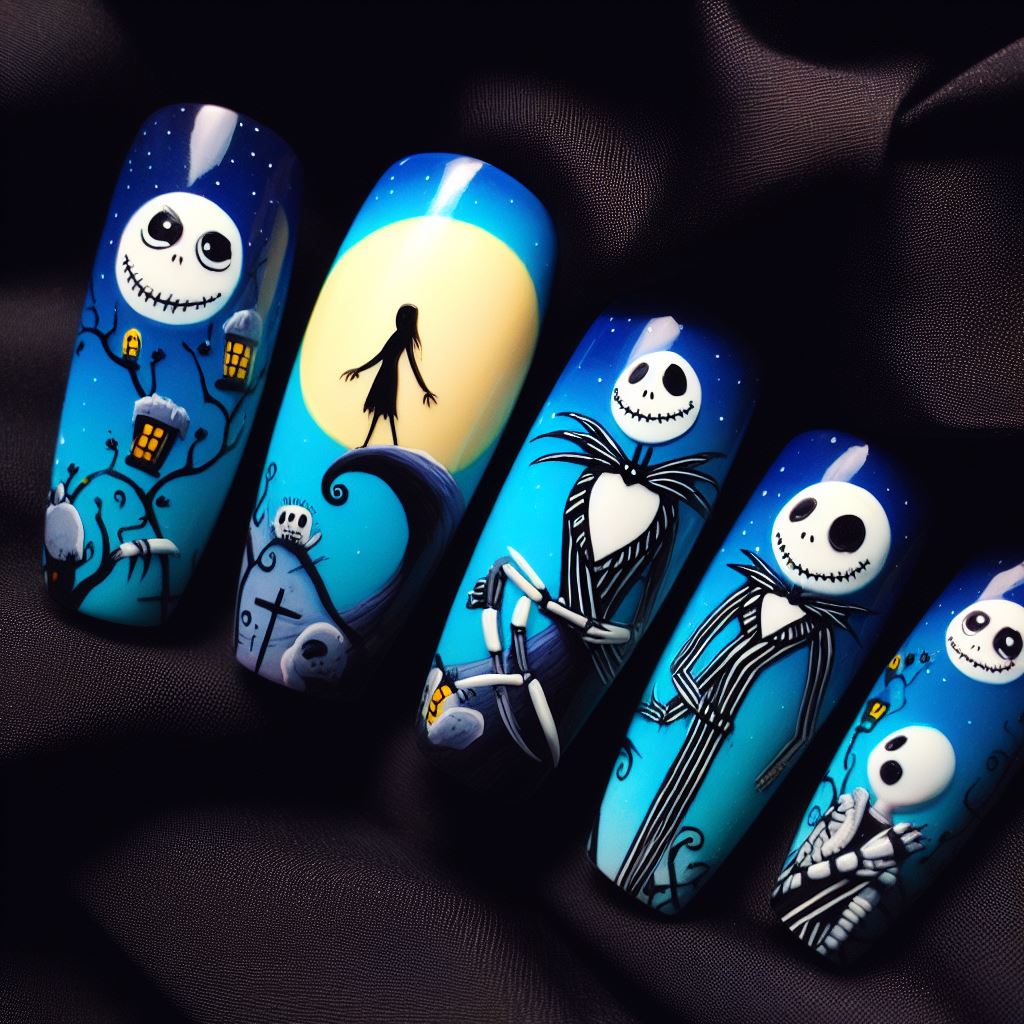 Nightmare Before Christmas Characters Against A Moonlit Sky Backdrop Nail Designs
