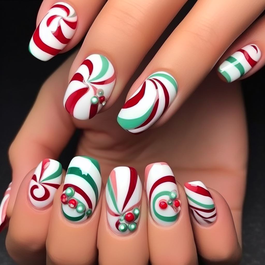 Peppermint Swirls with red and green like candy cane nail design