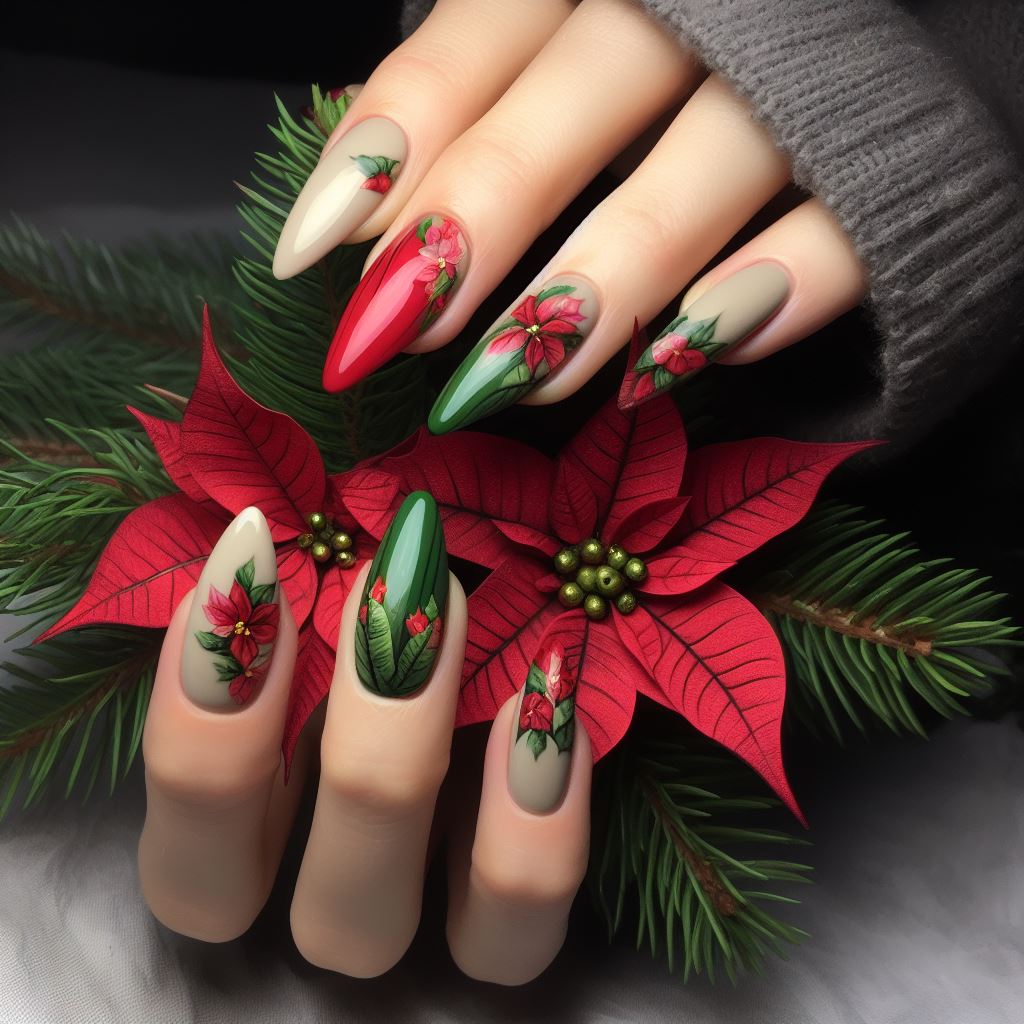 Christmas flowers like poinsettia with red and green nail design