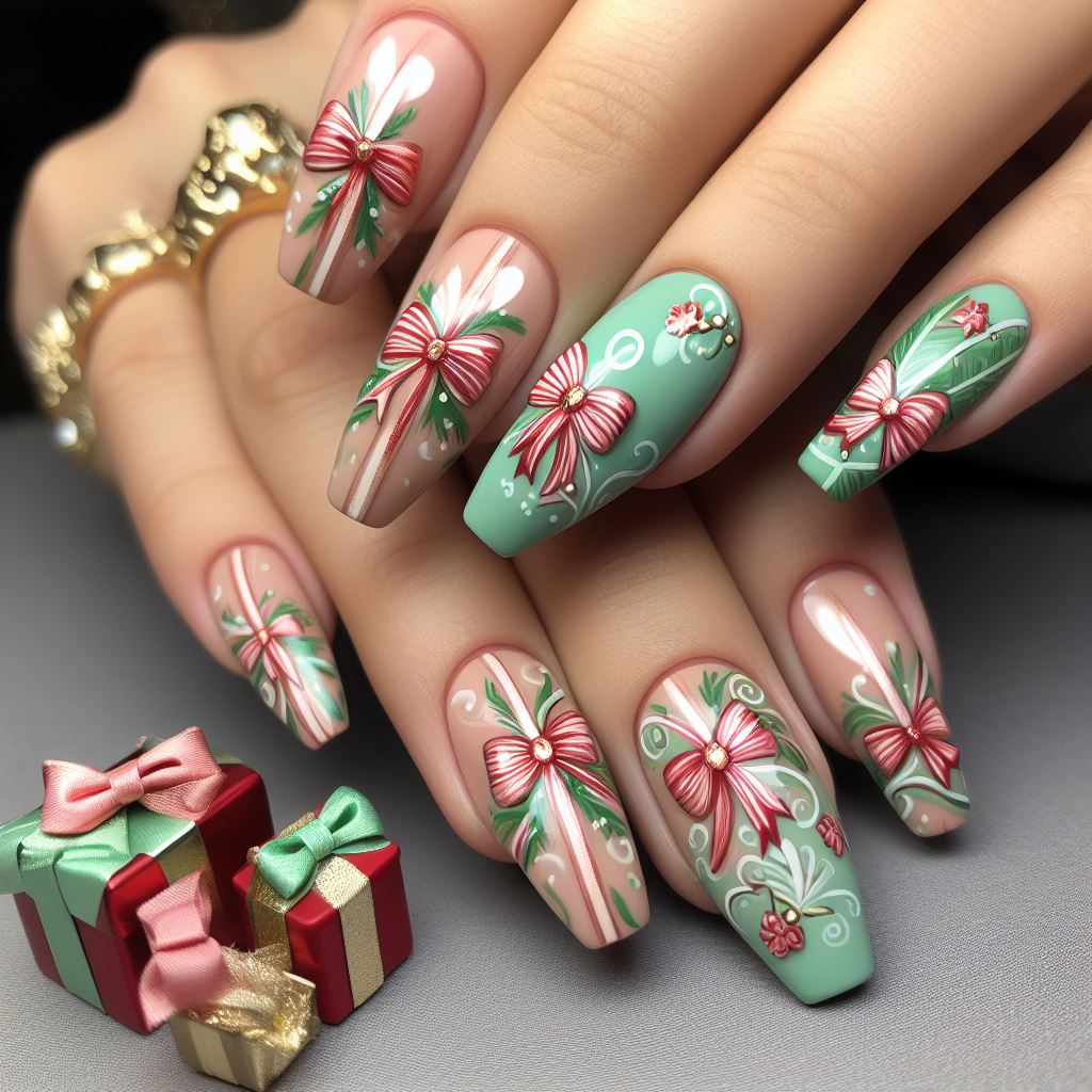 pastel green and red gift wrap nail design