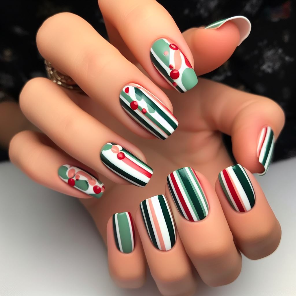playful and classic striped design with alternating green and red hues nail design
