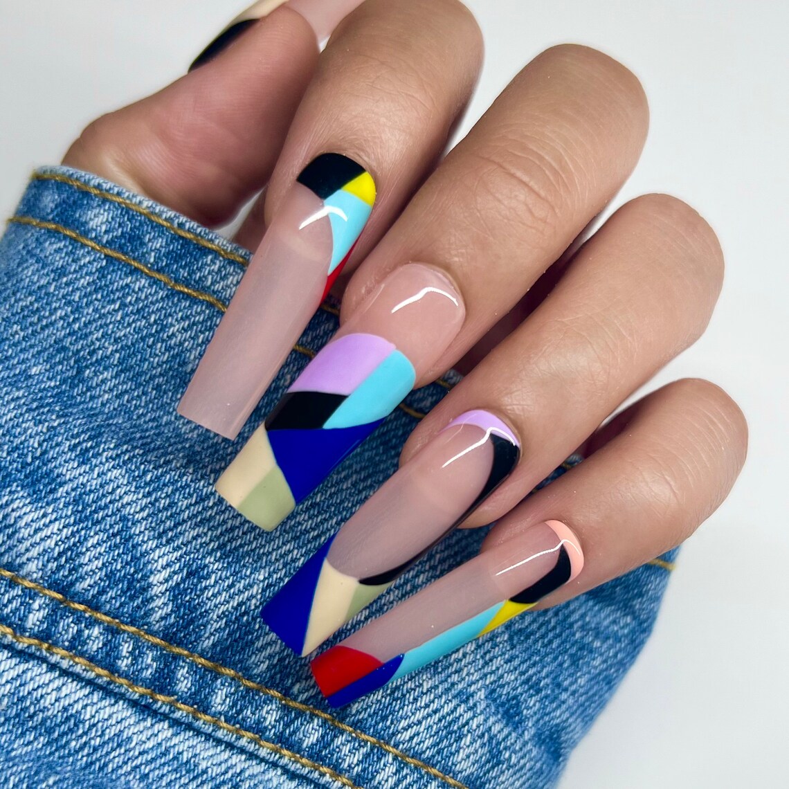 Color Block Press on Nails Glue on Nails Long Nails