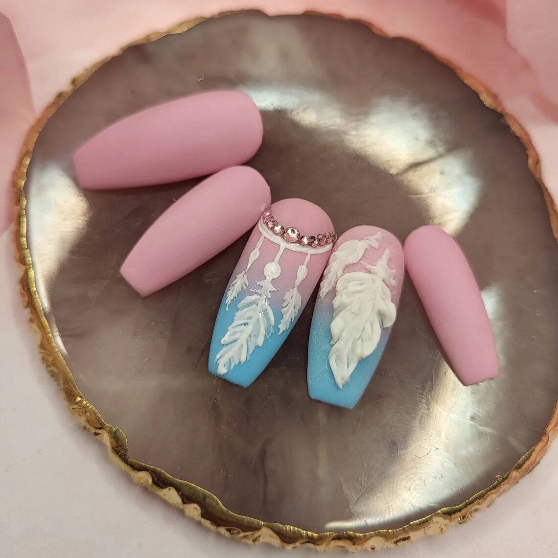 Press on Nails Pink Blue Rhinestones