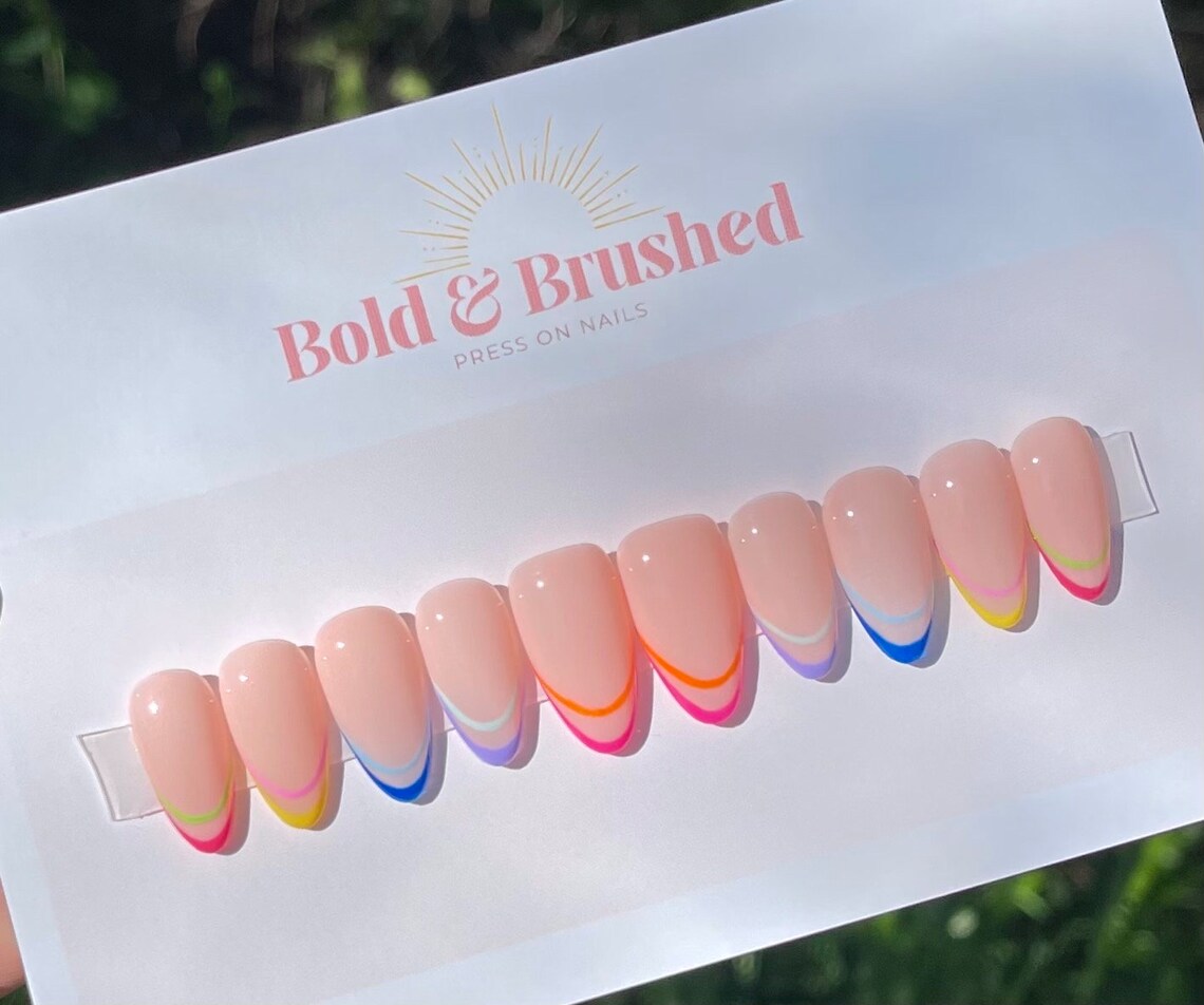 Double French Tip Bright Neon Press on Nail