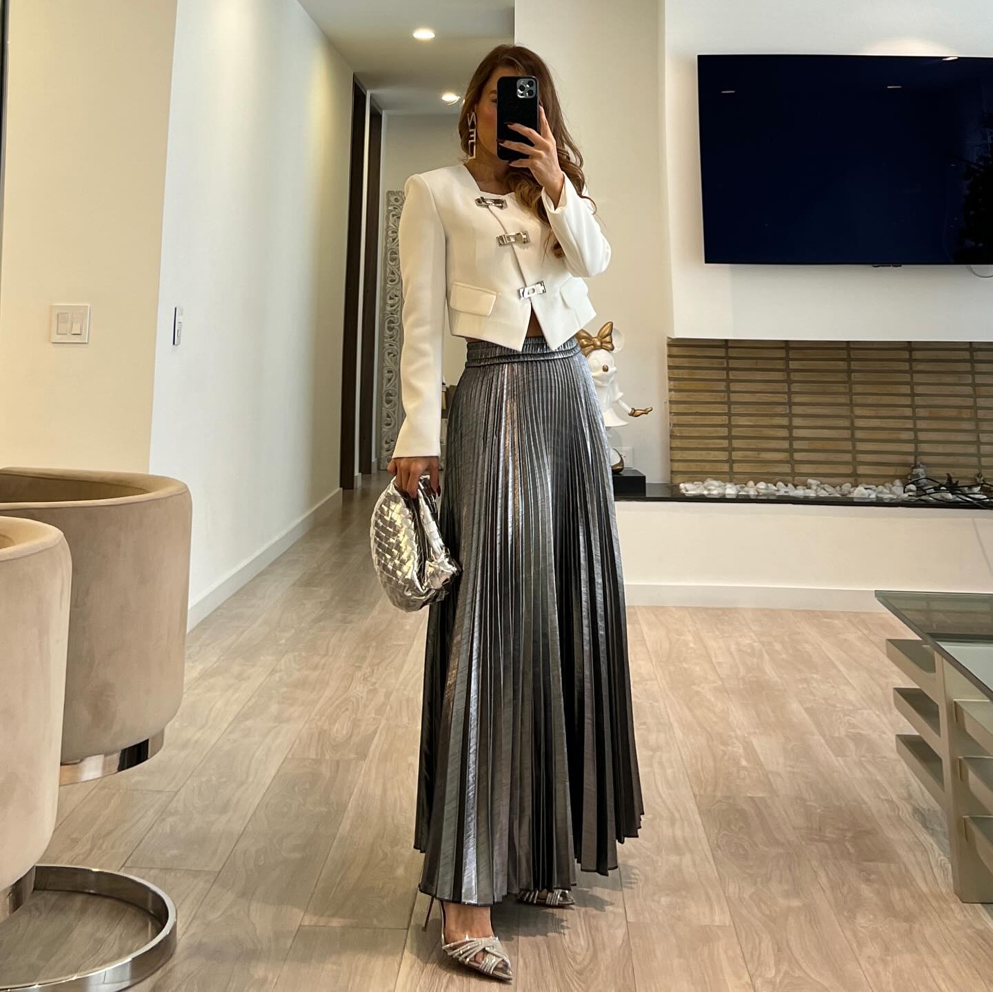 8. White Toggle Jacket + Metallic Pleated Skirt + Silver Flats
