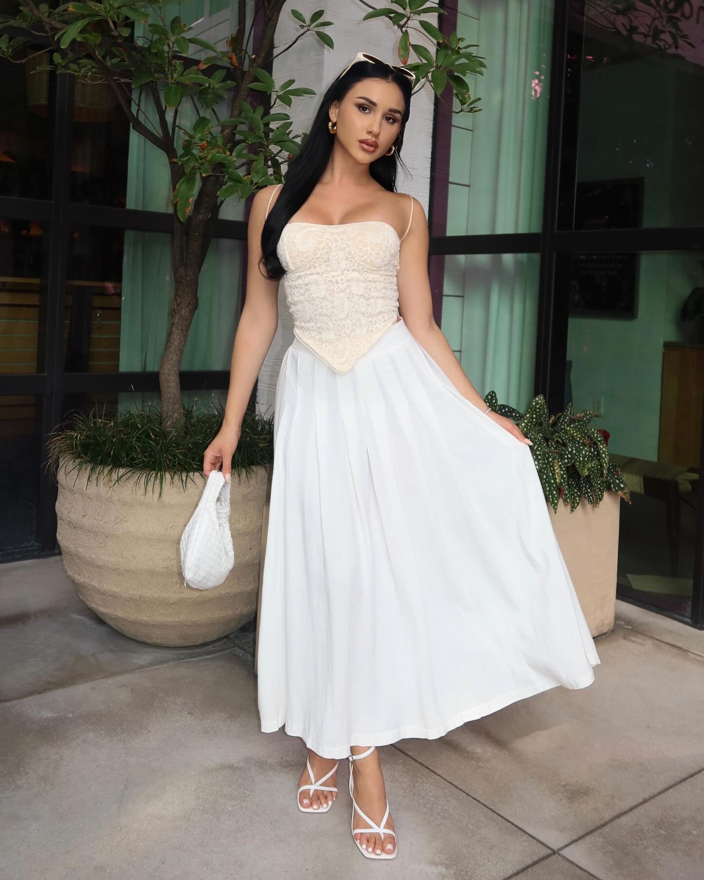 9. Lace Corset + White Maxi Skirt + Strappy Sandals
