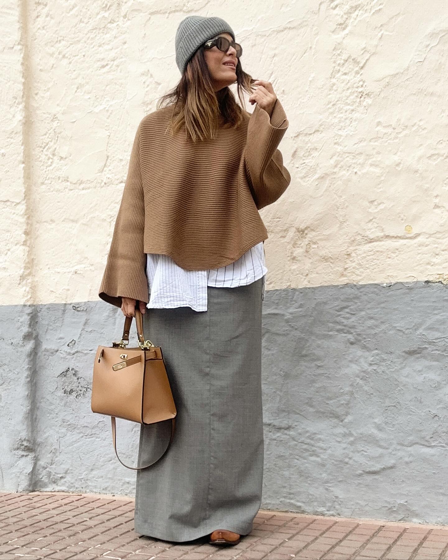 2. Ribbed Sweater + Button-Down + Gray Maxi + Leather Tote