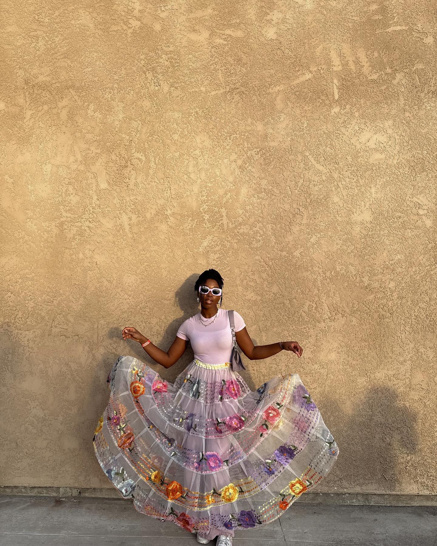 6. Pink Tee + Floral Tulle Skirt + White Sneakers + Sunglasses