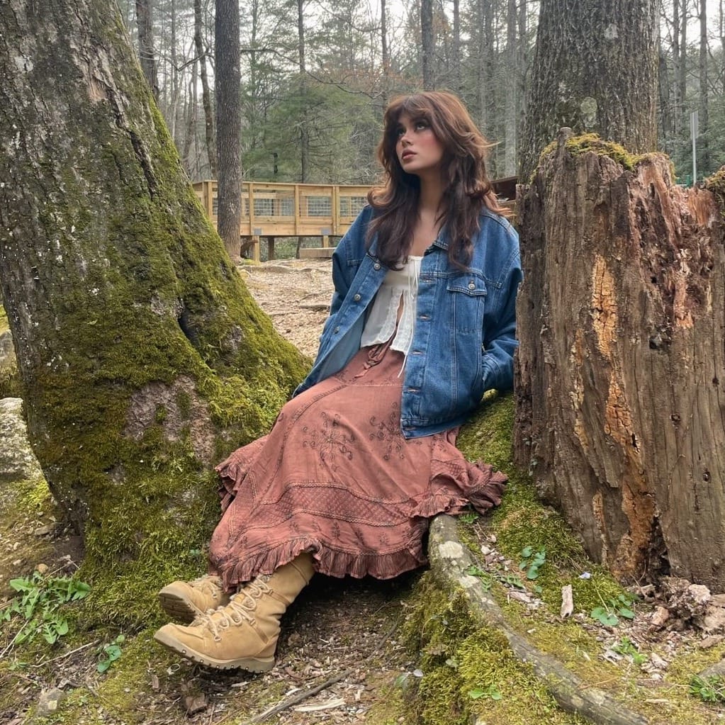 Denim Jacket + White Top + Prairie Skirt + Hiking Boots