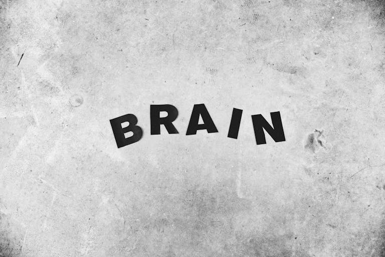 Abstract black and white image with the word 'BRAIN' on a textured concrete background.