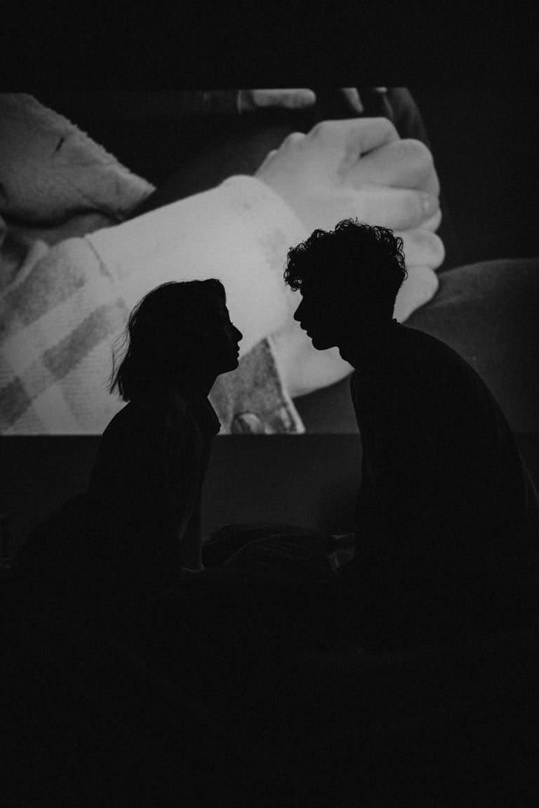 Silhouette of a romantic couple facing each other in a darkened room with a projector background.